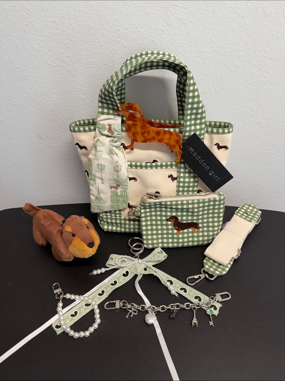 Madden Girl | Green Gingham Dachshund Canvas Tote | Wristlet, Bag Charms & More - Picture 14 of 15
